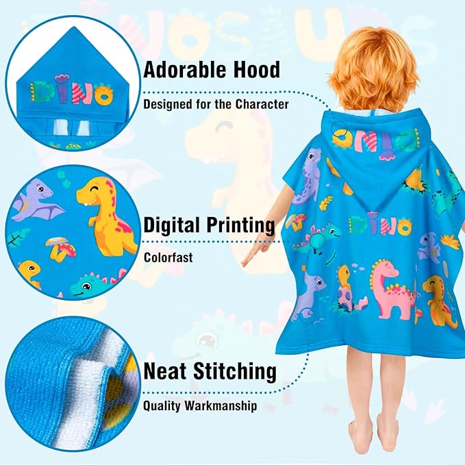 Hooded Kids Beach Towels - Toddler Bath Towel Girls Boys Swim Cover-ups for Ages 1 to 6 Kids Pool Towels Quick Dry Lightweight Soft Microfiber Poncho Towel 24x23 (Dinosaur Sky Blue)
