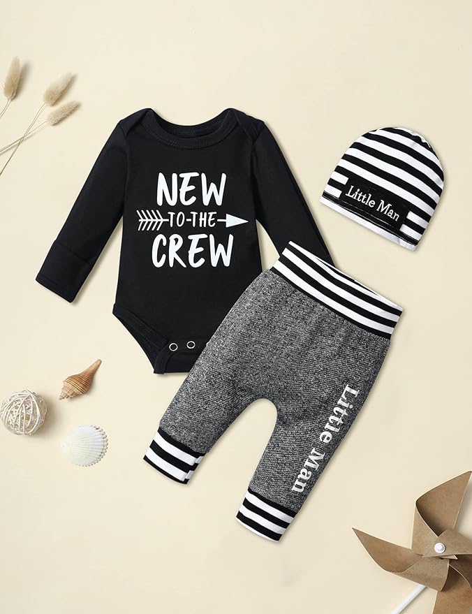 Fommy Newborn Baby Boy Clothes New to The Crew Letter Print Romper+ Pants+Hat 3PCS Outfit