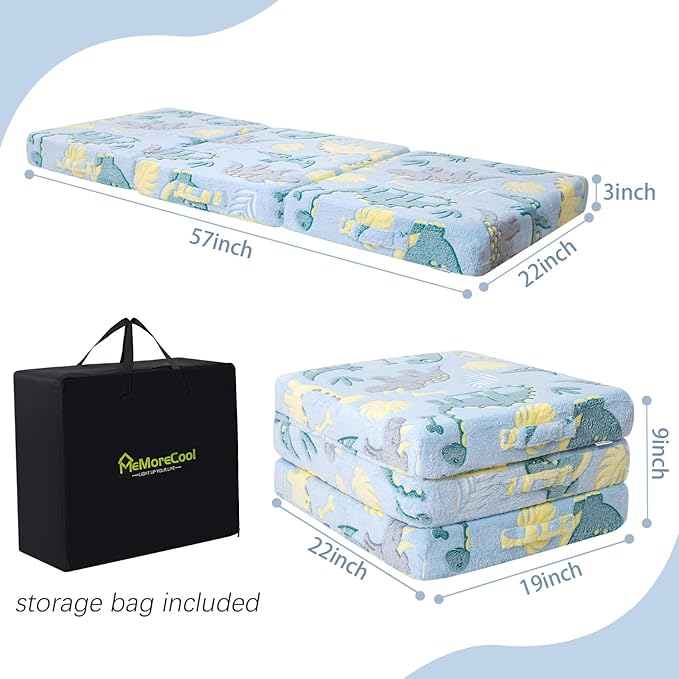 MeMoreCool Foldable Floor Mattress for Kids, Glow Dinosaur Trifold Nap Mat for Toddlers, Portable Sleeping Futon for Daycare or Floor Bed, 57x22 Inch