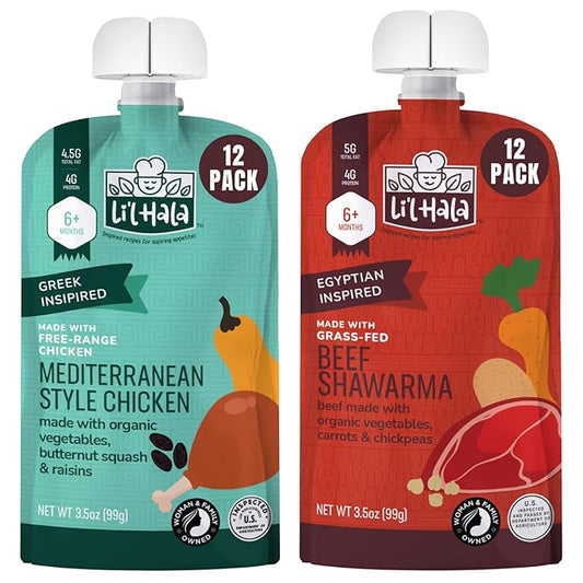 Li’l Hala Baby Food Pouches – 24 Total (2 Flavors) – Free-Range Chicken, Grass-Fed Beef & Organic Veggies – Protein & Healthy Fats – Toddler Meat Puree Meals for 6+ Months – No Hormones – 3.5 oz