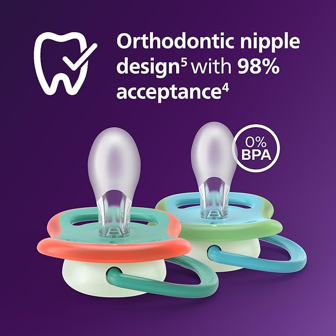 Philips Avent Ultra Air Nighttime Pacifiers - Orthodontic Design, for Babies 6-18 Months, Glow in The Dark, Soft Silicone Symmetrical Nipple, BPA-Free, with 2 Sterilizing Cases, 48 Pack, SCF376/36