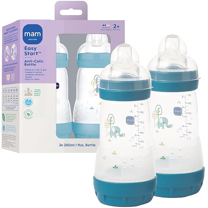 MAM 9oz Easy Start Anti-Colic Wide Neck Vented Baby Bottle, Medium Flow Breastfeeding-Like Nipple, Reduces Colic Gas & Reflux, Easy to Clean, BPA Free, 2+ Months, Made in Europe, 2 Pk, Unisex