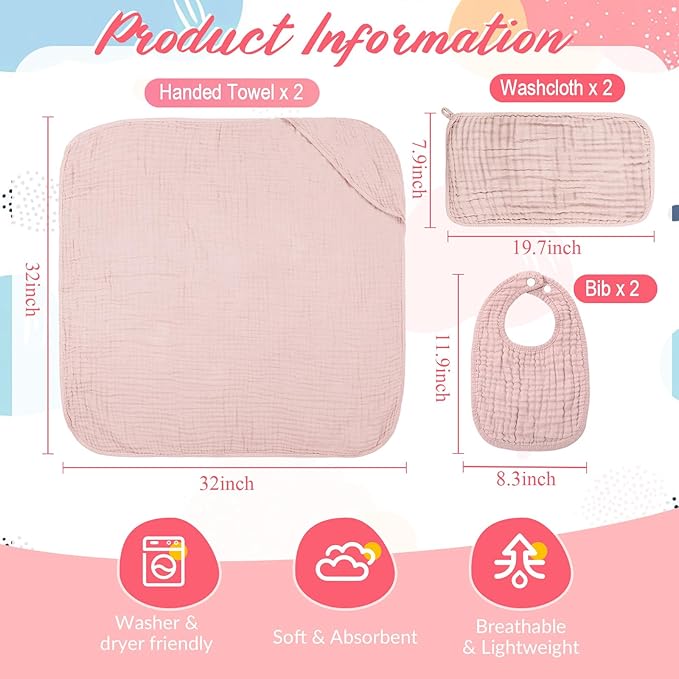 6 Pcs Muslin Hooded Bath Towels Washcloths and Bibs Set, Muslin Cotton Baby Towels Absorbent Hooded Blanket Towel Infant Bibs for Boys Girls Newborn Infant Essentials(Light Green,Light Gray)