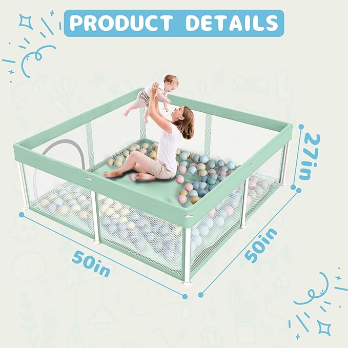 TOREVSIOR Foldable Baby Playpen with Mat, 50"×50" Collapsible Play Pen for Babies and Toddlers, Indoor & Outdoor Kids Safety Play Pen, Portable Play Yard, Foldable Baby Playpen with 50 Ocean Balls