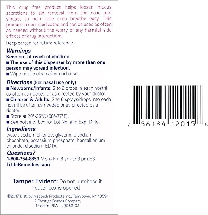Little Remedies Sterile Baby Saline Nasal Spray and Drops, Safe for Newborns to Relieve Stuffy and Dry Noses, 0.5 Fl Oz, Pack of 3