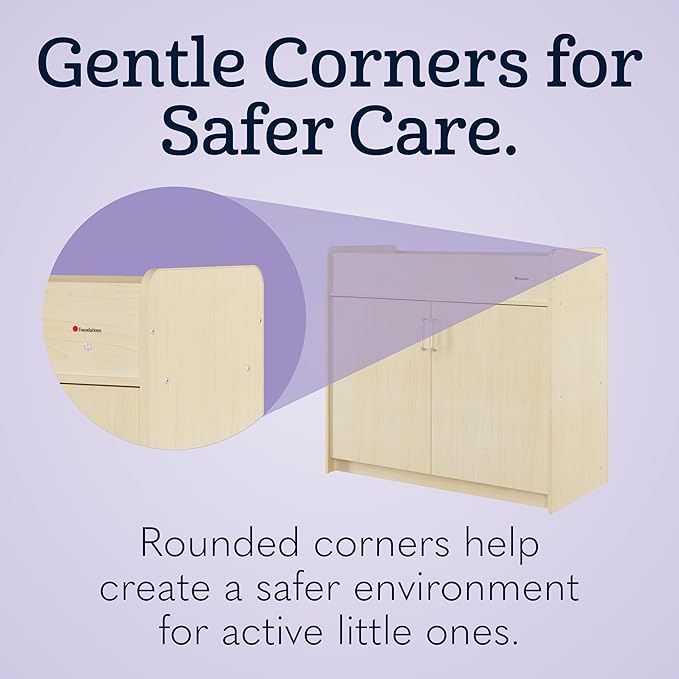 Foundations SafeSwing Daycare Changing Table, Formerly SafetyCraft - Durable Wood Cabinet with 2 Built-in Shelves - Storage w/Soft Close Hinges, Includes Durable Mattress Pad, Natural