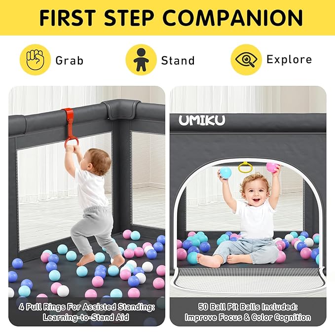 Baby Playpen Foldable Playpen for Babies and Toddlers, Extra Large Playpens Portable Play Pen with 2 Doors Activity Center for Kids Indoor Outdoor Pack and Play Baby Shower Gifts, 71"X59" Dark Grey