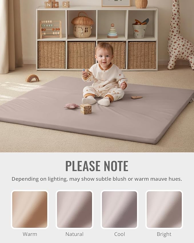 Blissful Diary Vegan Leather Baby Play Mat, 47x47 Thicken Foam Cushioned & Waterproof Playpen Mat for Infants and Toddlers, Stylish and Just Wipe-Clean Playmat for Baby Play on Floor, Taupe