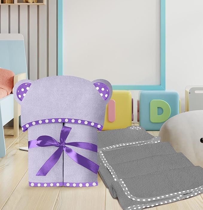 Set of 2 Hooded Baby Towels – Purple and Grey – Luxurious, Large and Super Absorbent – 30 x 30 Inch – Soft and Suitable for Infants, Toddlers and Kids – 400 GSM