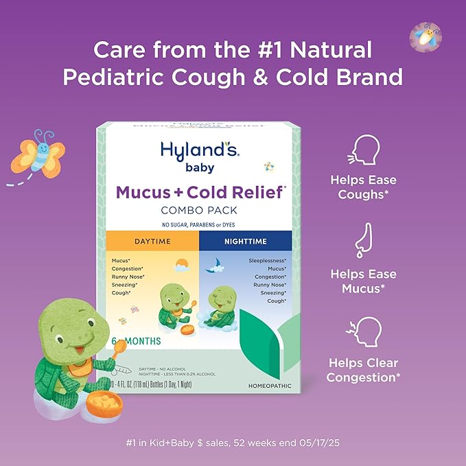 Hyland's Baby Mucus and Cold Relief, Day & Night Value, Infant and Baby Cold Medicine, Decongestant & Cough Relief, 4 Fl Oz, (Pack of 4)