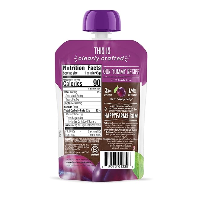 Happy Baby Organics Clearly Crafted Stage 1 Baby Food Pouches, Prunes, 3.5 Ounce Pouch (Pack of 16)
