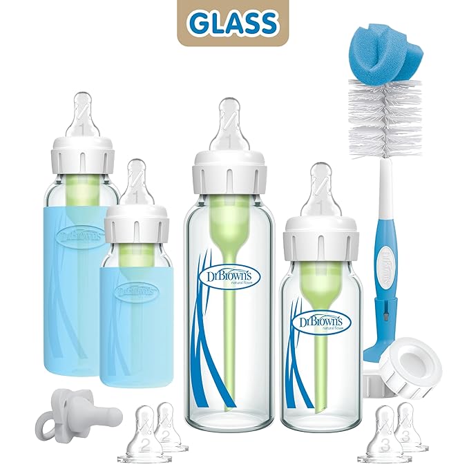 Dr. Brown's Anti-Colic Options+ Narrow Glass Baby Bottle Starter Set with Silicone Bottle Sleeves, Levels 1, 2, and 3 Nipples, Soft Touch Cleaning Brush, Storage/Travel Caps, and HappyPaci