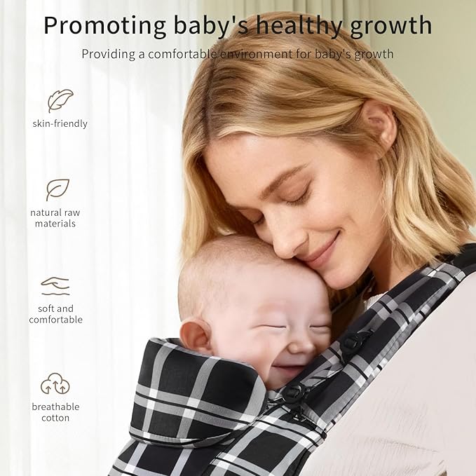FRUITEAM Baby Carrier, Toddler Carrier with Adjustable Seat Size & Lumbar Support, Ergonomic Baby Carrier Newborn (7-25 Lbs), Easy to Wear, Travel and Hiking Friendly (Black White Check)