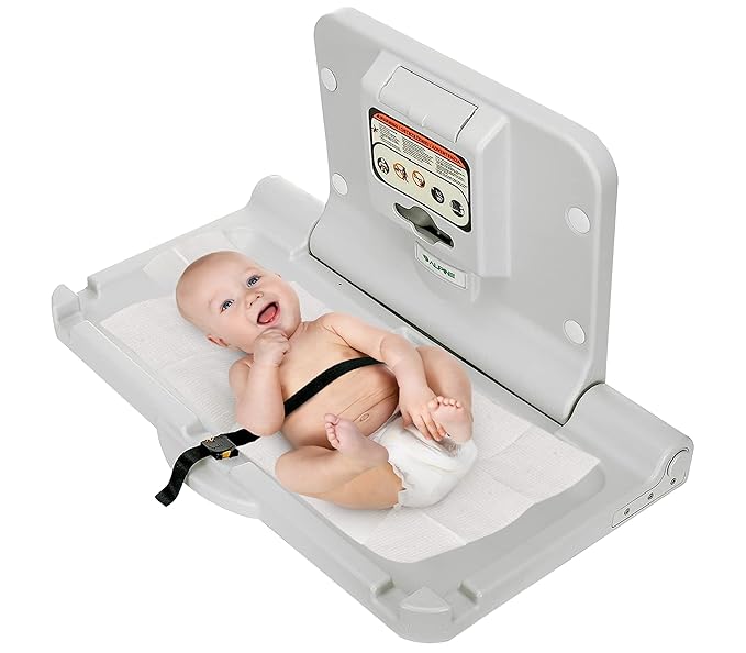 Alpine Wall Mounted Baby Changing Station - Horizontal Baby Changing Table Foldable Diaper Tables with Safety Strap for Commercial Bathroom, ADA Complaint (Hardware Included) White Gray