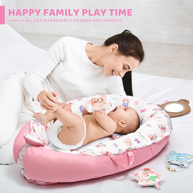 Pink Baby Play Mat, 7-in-1 Infant Gym Mat for Sensory and Motor Development, Washable & Portable Newborn Tummy Time Activity Mat for Home & Travel, Babies Gift for 0-3-6-9-12-18 Months