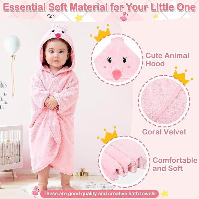 4 Pcs Baby Towels and Washcloths Set, Hooded Baby Towel, Soft and Absorbent Baby Bath Towels, 32x32 in Baby Towel with Hood and 3 Pcs Baby Washcloths for Boys and Girls (Pink Flamingo)