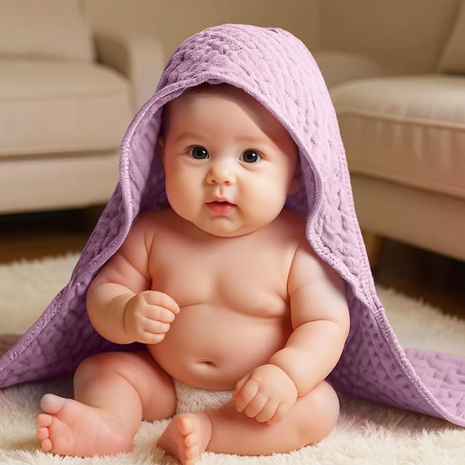 Peryiter 6 Pcs Muslin Hooded Baby Towels 32x32inch Cotton Newborn Bath Essentials Muslin Infant Blankets Absorbent Registry Baby Shower Present for Babies Girl Boy Kids (Purple Series)