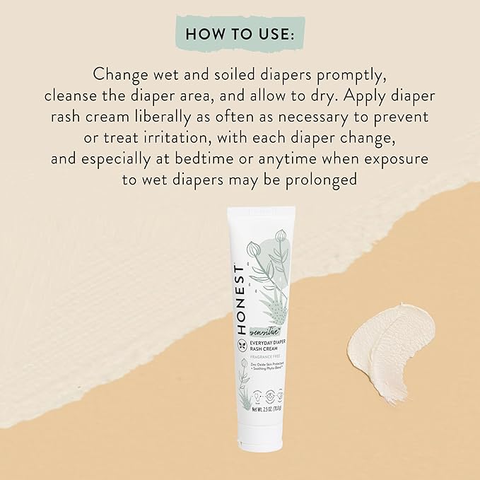The Honest Company Hypoallergenic Diaper Rash Cream, Moisturizing, Calming Zinc Oxide Ointment, NEA Recognized Cruelty-Free, 2.5 oz