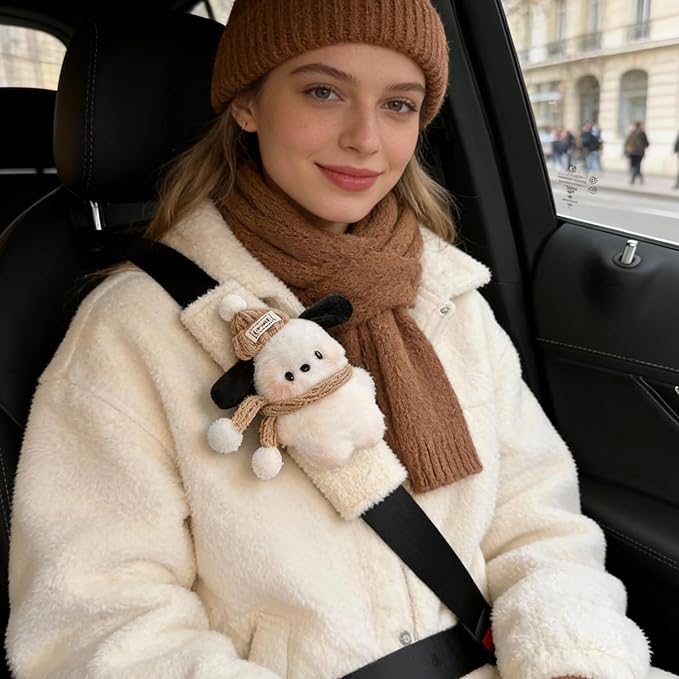 2 PCS Seat Belt Cover Pad, Cute Kawaii Animal Dog Seatbelt Covers for Kids and Adults, Winter Plush Fluffy Soft Seat Belt Cover, Cartoon Seatbelt Cushion,Car Seat Strap Pads (G-Dog(Khaki))