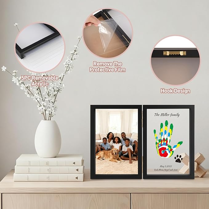 Family Handprint Kit, DIY Baby Hand and Footprint Handmade Keepsake Wooden Frame, Family Gifts with 6 Non-Toxic Baby-Safe Paint, Ideas Gift for New Parents, Grandparents, Father's Day, Mother's Day