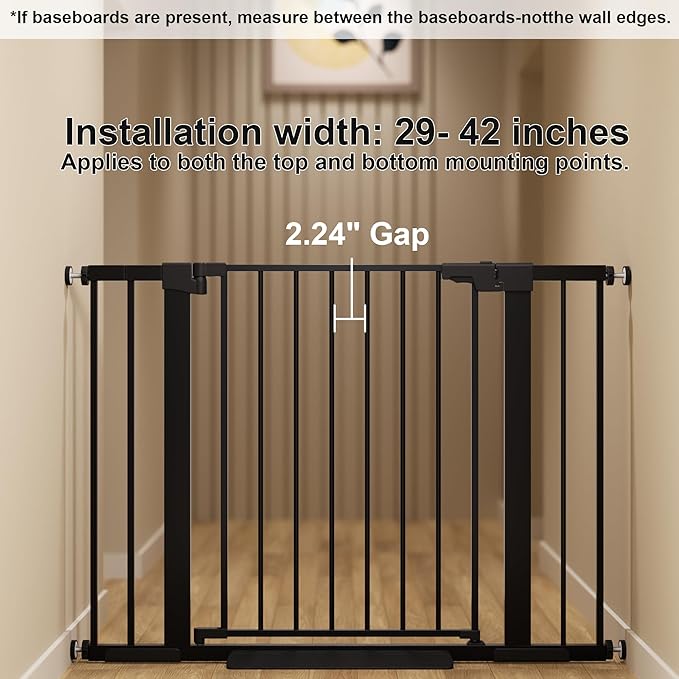 29-42 inches Metal Baby Gate for Stairs/Doorways, 30 inches Tall Pressure Mounted Pet Gates, Auto-Close Child Safety Gate, No Drilling Easy Walk-Through Dog Gate Indoor, Black