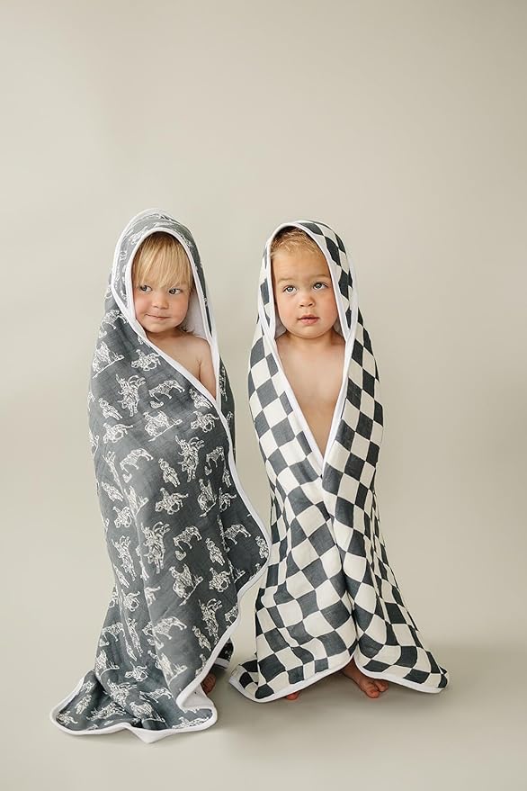 Mebie Baby Muslin Hooded Towel, Charcoal Checkered, Cute Hooded Baby Bath Towel for Newborn, Infant & Toddler, Modern Baby Towels and Washcloths for Boy & Girl, Floral & Pattern Hooded Baby Towels