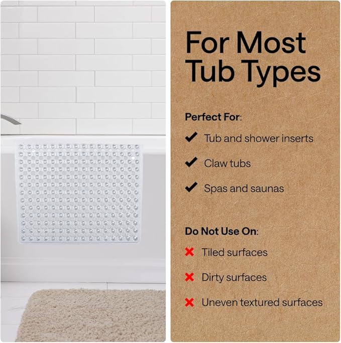 GORILLA GRIP Patented Bath Tub Shower Mat, 2 Pack, Machine Washable Bathtub Floor Liner Mats, Suction Cups and Drain Holes to Keep Tubs Clean, Soft on Feet, Bathroom Essentials, 35x16 Inch, Clear