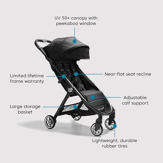 Baby Jogger City Tour 2 Ultra-Compact Carry-On Approved Travel Stroller in Pitch Black Lightweight Easy Fold Ideal for Traveling and Everyday Adventures