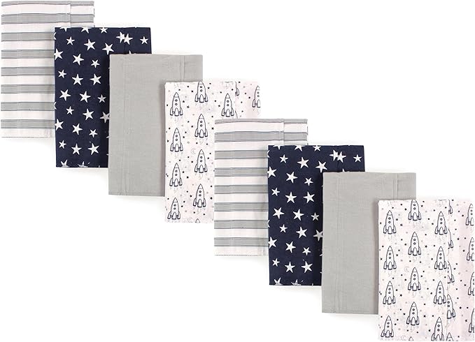 Hudson Baby Cotton Poly Flannel Burp Cloths Multipack, Rocket Ship 8-Pack, One Size