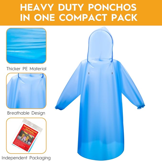 6 & 20 & 50 Pack Disposable Rain Ponchos for Adults/Youth, Waterproof PE Raincoats with Drawstring, Camping/Emergency