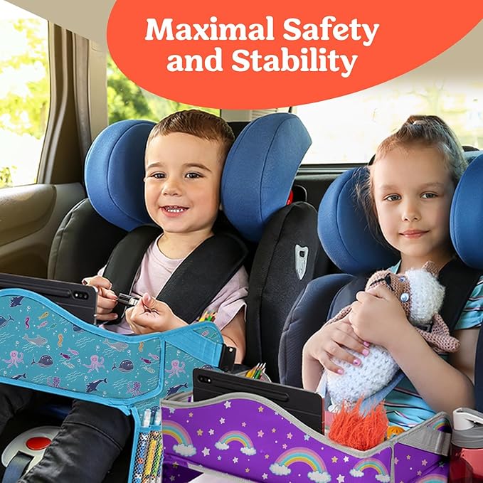 PILLANI Kids Travel Tray for Car - Car Seat Tray for Kids Travel, Road Trip Essentials, Carseat Table for Roadtrip Activities - Must Have Toddler Lap Desk Organizer for Airplane - Travel Accessories