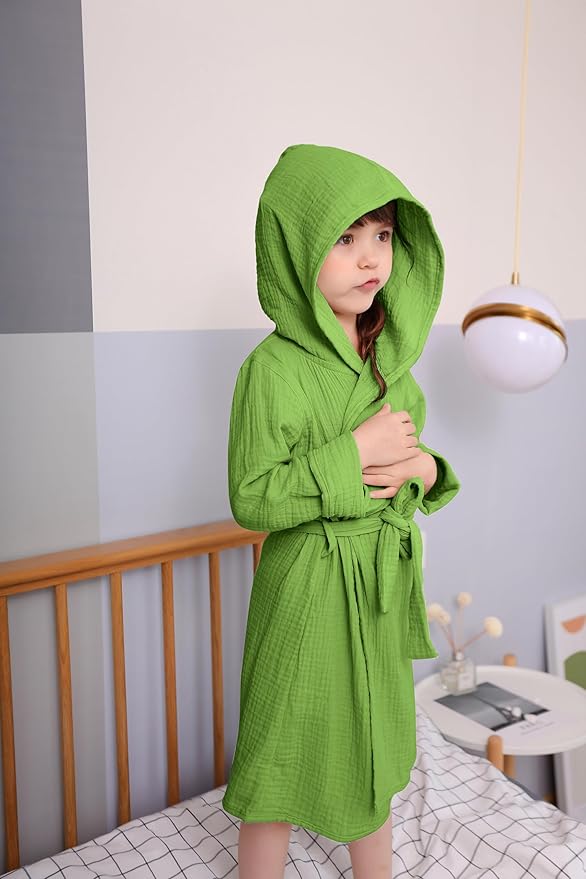 Organic Cotton Toddler Bathrobe, Soft and Breathable Baby Robe for Kid, Boy& Girl Hooded Robe Muslin