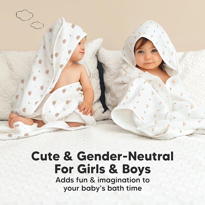 KeaBabies Muslin Baby Bath Towels with Hood for Girls, Boys -Large Organic Cotton Hooded Baby Towels for Newborns,Toddlers,Infant,Kids,Soft Absorbent Newborn Bath Essentials Gift Set(Tulips, Petite)