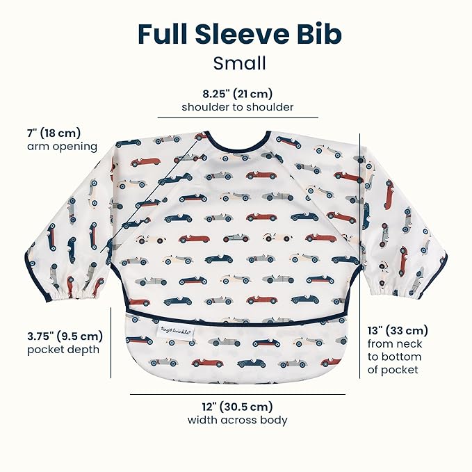 Tiny Twinkle Long Sleeve Bib for Babies & Toddlers | Waterproof Smock Bib for Eating | Machine Washable & Mess-Proof Feeding Essentials | Newborn Shower Gift (Vintage Cars, Small 6-24 Months)