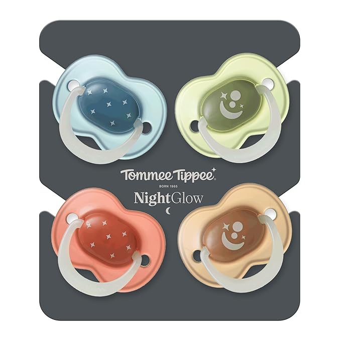 Tommee Tippee NightGlow Pacifiers, 6-18 Months, Glow in The Dark, Symmetrical Nipple, 100% BPA Free Silicone, Dishwasher and Sterilizer Safe, Twilight Tones, Pack of 4