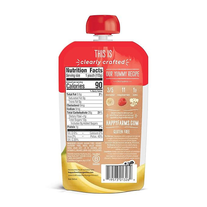 Happy Baby Organics Clearly Crafted Stage 2 Baby Food, Bananas, Raspberries & Oats (Pack of 16) & Happy Tot Organics Super Morning Stage 4, Apple Cinnamon, Yogurt, Oats Pack of 8)