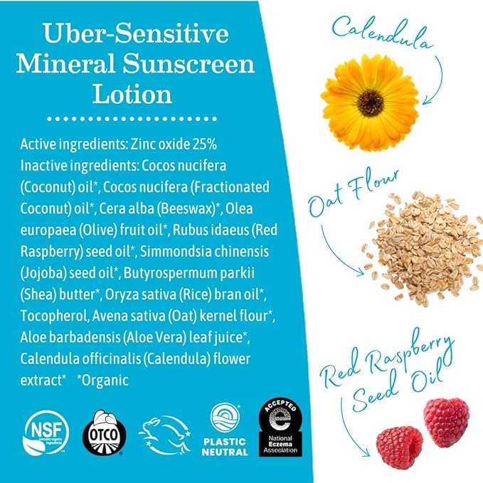 Earth Mama Uber-Sensitive Mineral Sunscreen Lotion SPF 40 | Non-Nano Zinc, Contains Organic Colloidal Oatmeal | Steroid-Free Eczema Cream for Baby, Kid & Family, 3-Ounce