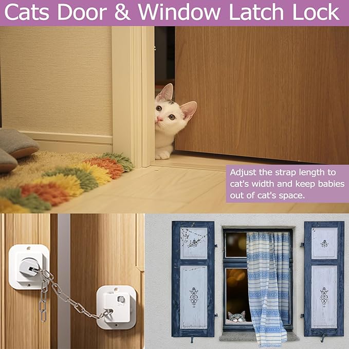 Child Proof Door Lock with Adjustable Strap, Cat Door Latch 3M Adhesive Safety Locks for Baby, Dementia & Pets, No Tools Needed 2 Pack