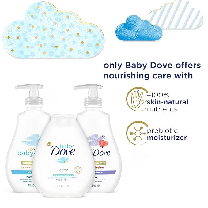 Dove Baby Lotion Sensitive Skin Care Bundle – Ultra-Gentle Face & Body Lotions for Newborns & Infants, 2 Hypoallergenic Scents, 1 Fragrance-Free, 13 Oz Ea