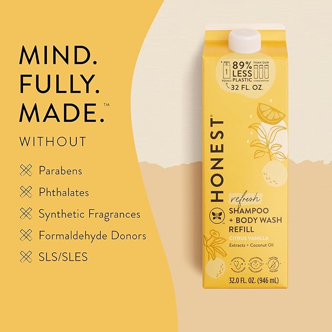 The Honest Company 2-in-1 Cleansing Shampoo Body Wash Refill Carton, Gentle for Baby, Naturally Derived, Tear-free, Hypoallergenic, Citrus Vanilla Refresh, 32 fl oz, (Pack of 2)