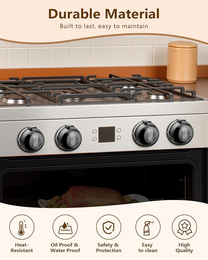 Stove Knob Safety Covers - 5 Pack Heat Resistant Oven Knob Covers for Child Safety with 3M Strong Adhesive, Gas Stove Knob Covers with Dual-Button Locks & Visual Design, Black
