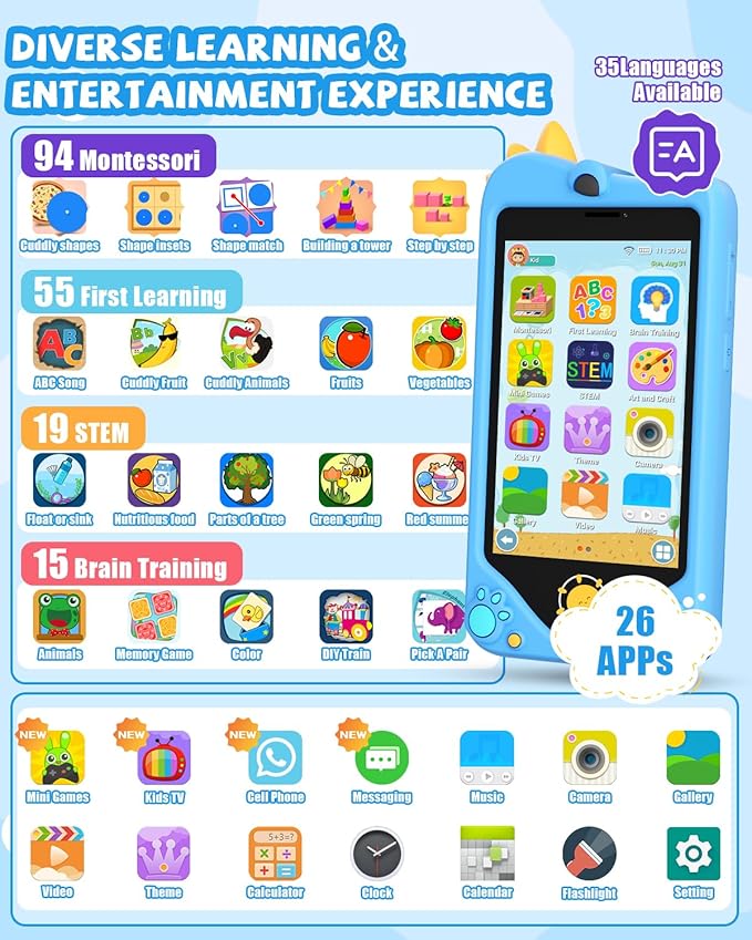 Kids Smart Phone for Girls - Safest Phone for Kid & Teens, Talk & Text - Kids Cell Phone Toy, 4.2'' Touchscreen, Dual Cameras, Games, 32GB Card (Blue)