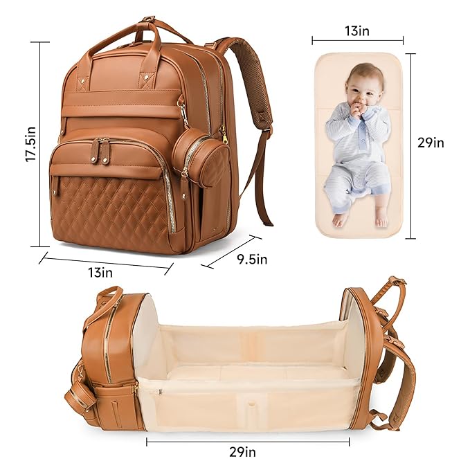 Leather Baby Diaper Bags with Changing Station,Extra large Capacity Baby Diaper Bag Backpack,Waterproof Baby Essentials(Brown)
