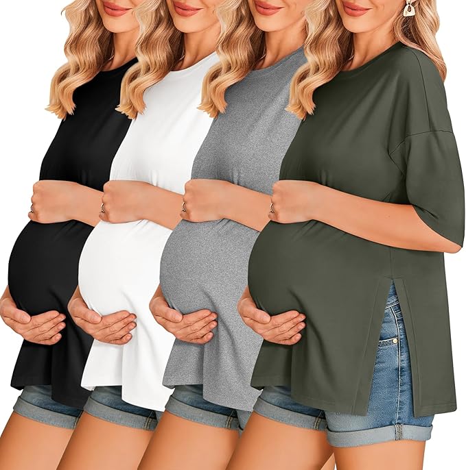 Ekouaer 4 Packs Women’s Maternity Shirts Short Sleeve Split Side Pregnancy Tee Tops Tunic Blouse Mama Clothes