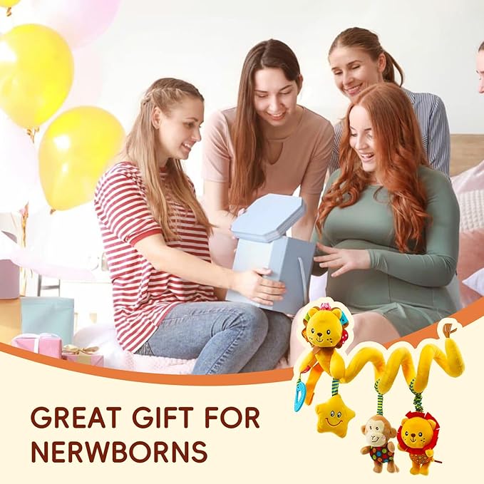 Jollybaby Crib Stroller Car Seat Toys for Baby 0-3-6-9-12 Months, Tummy Time Hanging Sensory Toys for Newborn with Music Box and Teether, Spiral Carseat Toy for Baby Boys Girls Gifts (07-Little Lion)