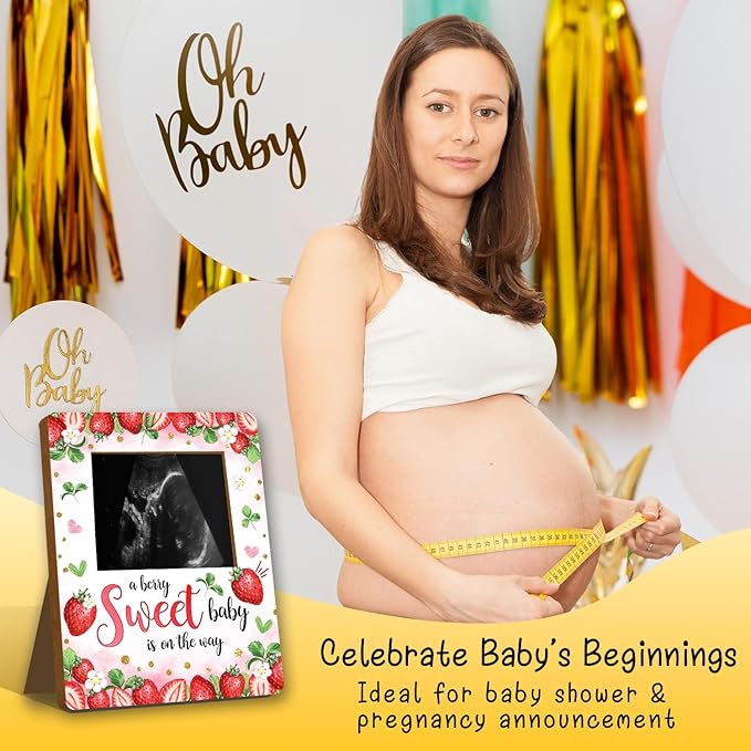 ALodr Strawberry Baby Shower Decorations, Baby Shower Sign Picture Frame, Berry Sweet Party Decor for Gender Reveal, Pregnancy Milestone Keepsake, Pregnancy Announcement Sonogram Photo Frames