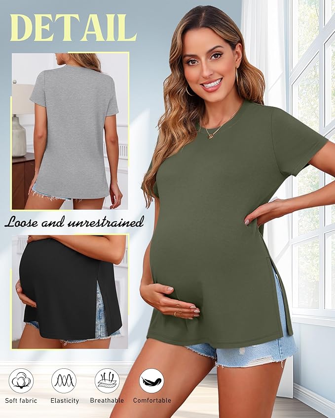 Ficerd 3 Pack Women's Maternity T Shirts, Short Sleeve Side Split Pregnancy Tops Casual Crew Neck Pregnant Tees Mama Clothes