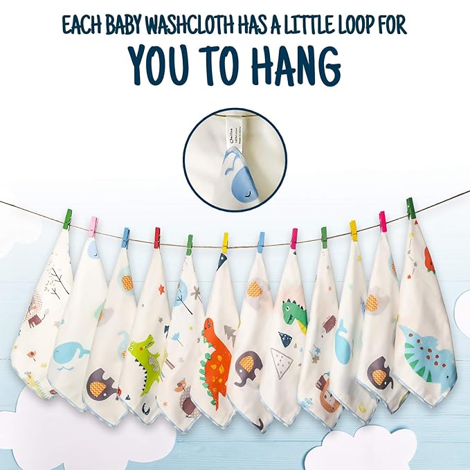 Omilion Muslin Baby Washcloths Set(12-Pack), Natural Cotton Infant Bath Towel, Soft Toddler Face Towel Gift Registry Newborn Baby Shower,9x9 Inches, Animal World (Square)