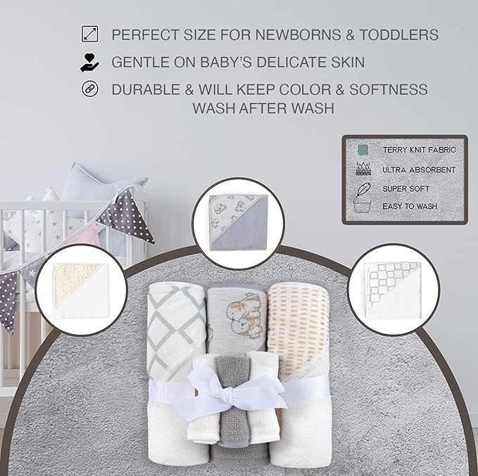 Hooded Baby Bath Towel and Washcloth 6 Piece Set for Newborns Infants & Toddlers, Boys & Girls Baby Hooded Towels (Puppies & Patterns)