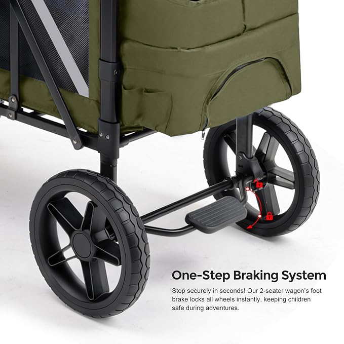 Premium 2 Seater Wagon Stroller for Kids, Foldable All-Terrain Stroller Wagon with Removable Seats, Adjustable 5-Point Safety Harness, Canopy, and Dual Handles, Green